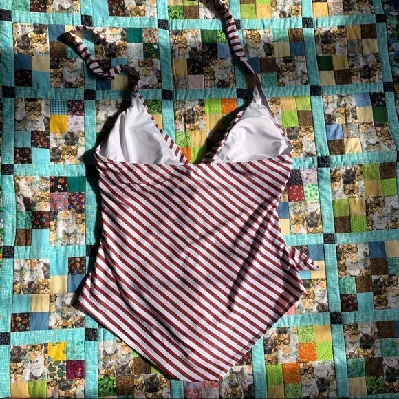 Maroon and White Striped Swimsuit - Picture 5 of 5